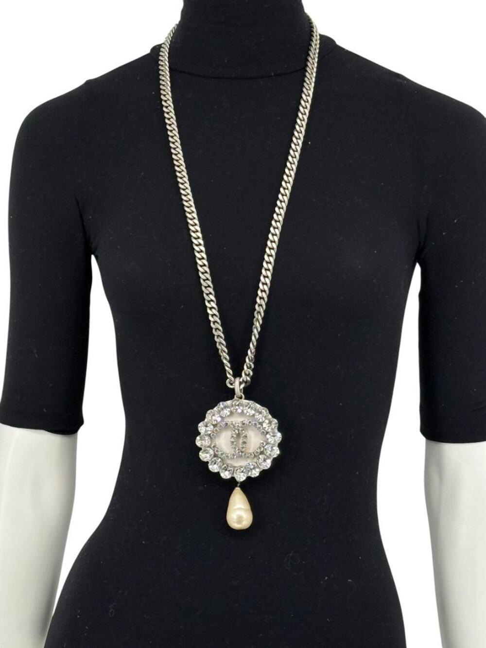 Chanel Fall 2000 Crystal CC Pearl Drop Medallion Necklace on Gunmetal Chain